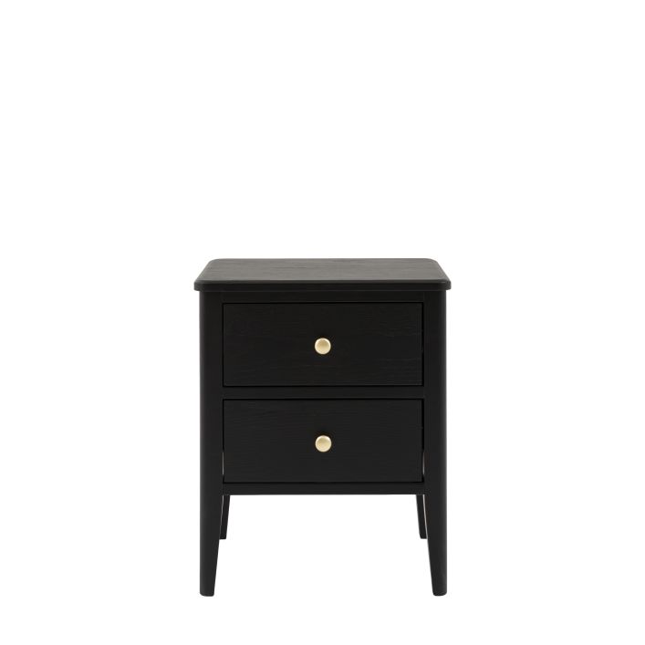 Gallery Direct Acton Bedside Table in Black features 2 drawers with gold coloured handles and slim tapered legs
