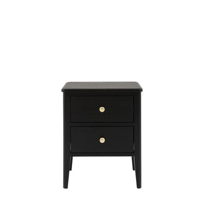Gallery Direct Acton Bedside Table in Black features 2 drawers with gold coloured handles and slim tapered legs
