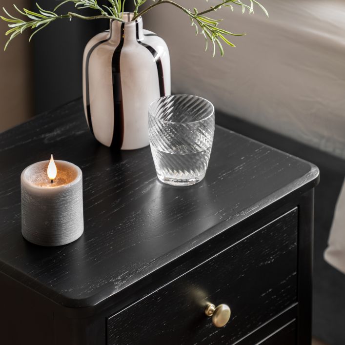 Gallery Direct Acton 2 Drawer Bedside in Black with wood grain effect and gold coloured handles