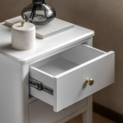 Gallery Direct Acton White 2 Drawer Bedside cabinet with gold coloured handles and a painted wood-grain finish