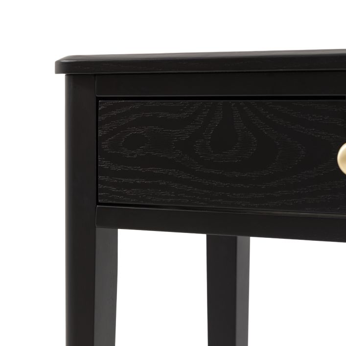 Gallery Direct Acton 2 Drawer Console Table in Black with subtle wood-grain effect and round gold coloured handles