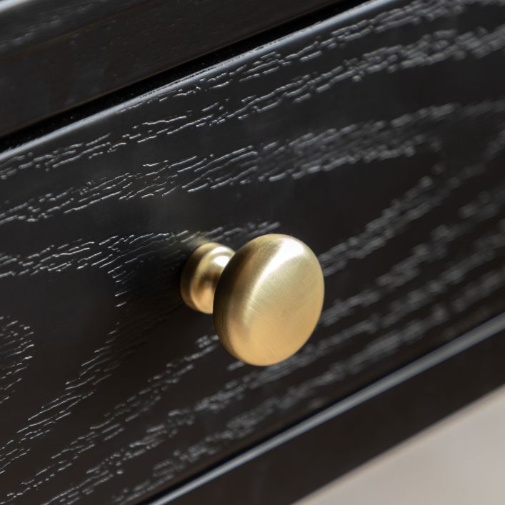 Gallery Direct Acton 2 Drawer Console in Black with wood-grain effect and gold coloured round drawer knobs