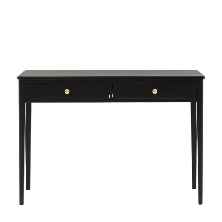 Gallery Direct Acton 2 Drawer Console in Black with gold coloured round handles, and slim tapered legs
