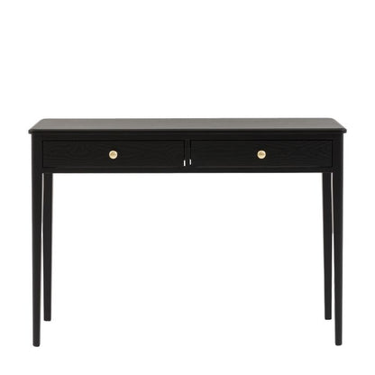 Gallery Direct Acton 2 Drawer Console in Black with gold coloured round handles, and slim tapered legs