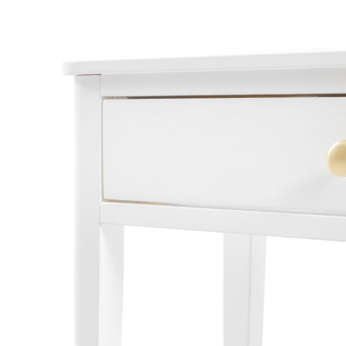 Gallery Direct Acton White Console Table features 2 Drawers with gold coloured round handles and slim tapered legs