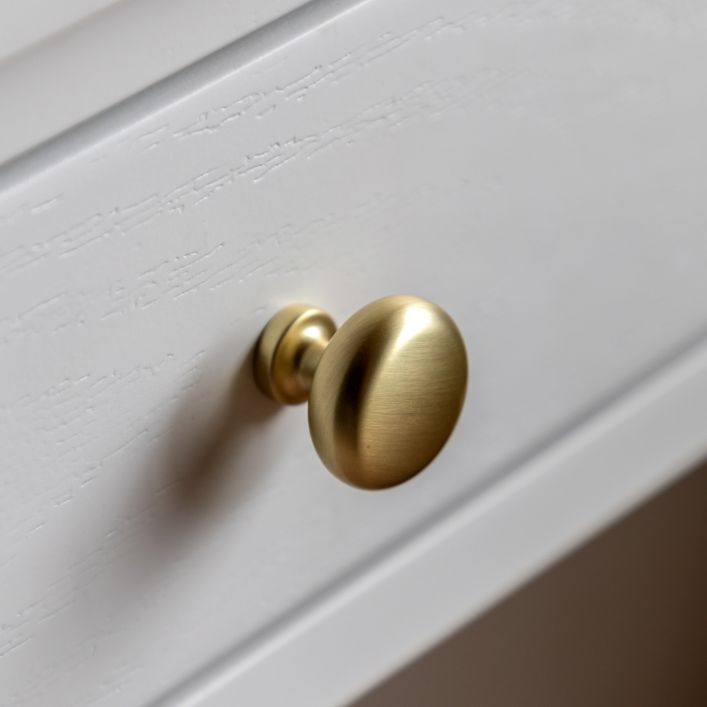 Gallery Direct Acton 2 Drawer Console table in White with subtle wood grain effect and round gold coloured drawer knobs