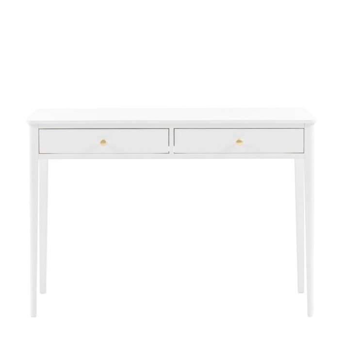 Gallery Direct Acton 2 Drawer Console in White with gold coloured round handles and slim tapered legs