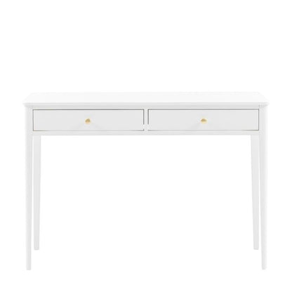 Gallery Direct Acton 2 Drawer Console in White with gold coloured round handles and slim tapered legs