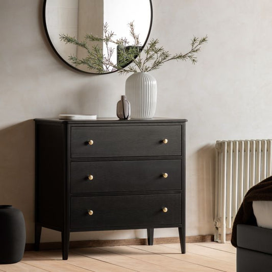 Gallery Direct Acton Black 3 Drawer Chest with gold coloured handles and slim tapered legs