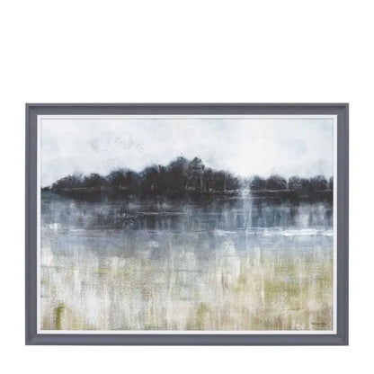 Gallery Direct Adrift Framed Artwork by Anthony Waller is an abstract landscape with soft blended hues that depict trees and grass surrounding water, complemented by a grey frame