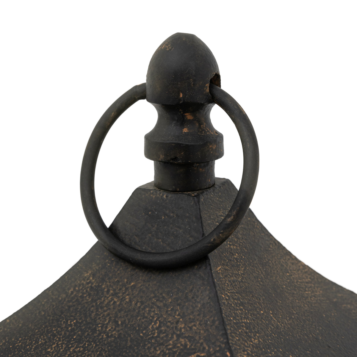Gallery Direct Alda Lantern Rust Medium in rust finish, medium size, close-up of the decorative ring handle and antiqued finish