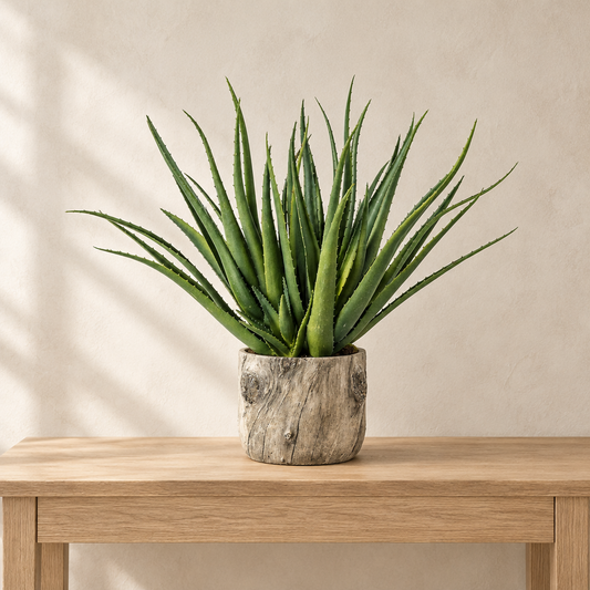 Gallery Direct Aloe with Bark Effect Pot Green displayed on an oak console against a warm neutral wall