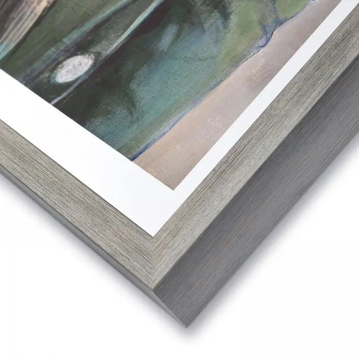 Gallery Direct Angus the highland cow framed artwork by Adelene Fletcher in various brown, green and orange colours, complemented by a grey wood effect frame