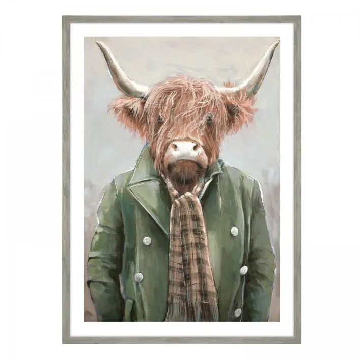 Gallery Direct Angus Framed Artwork by Adelene Fletcher depicts an illustration of a highland cow in a coat and scarf, in rich brown, green and orange colours in a grey tone wood effect frame