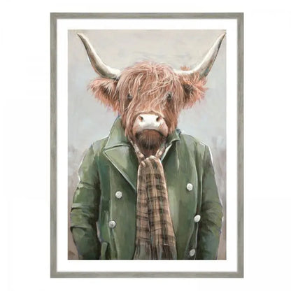 Gallery Direct Angus Framed Artwork by Adelene Fletcher depicts an illustration of a highland cow in a coat and scarf, in rich brown, green and orange colours in a grey tone wood effect frame