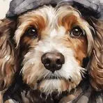 Gallery Direct Archie dog illustrated Canvas using neutral browns and greys in a soft diffused light by Joanne Lea