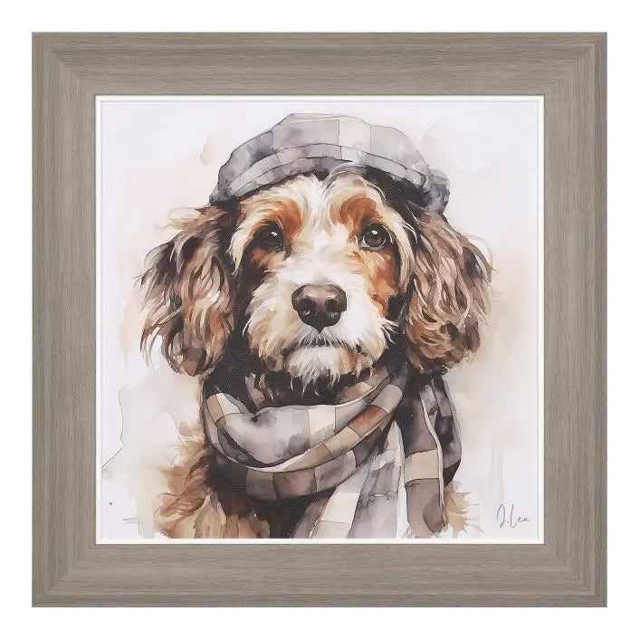 Gallery Direct Archie Framed Canvas by Joanne Lea captures a illustration of a dog in a hat and scarf in a palette of warm neutrals with grey wood effect square frame