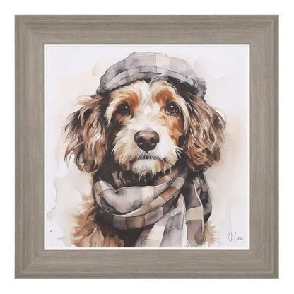 Gallery Direct Archie Framed Canvas by Joanne Lea captures a illustration of a dog in a hat and scarf in a palette of warm neutrals with grey wood effect square frame