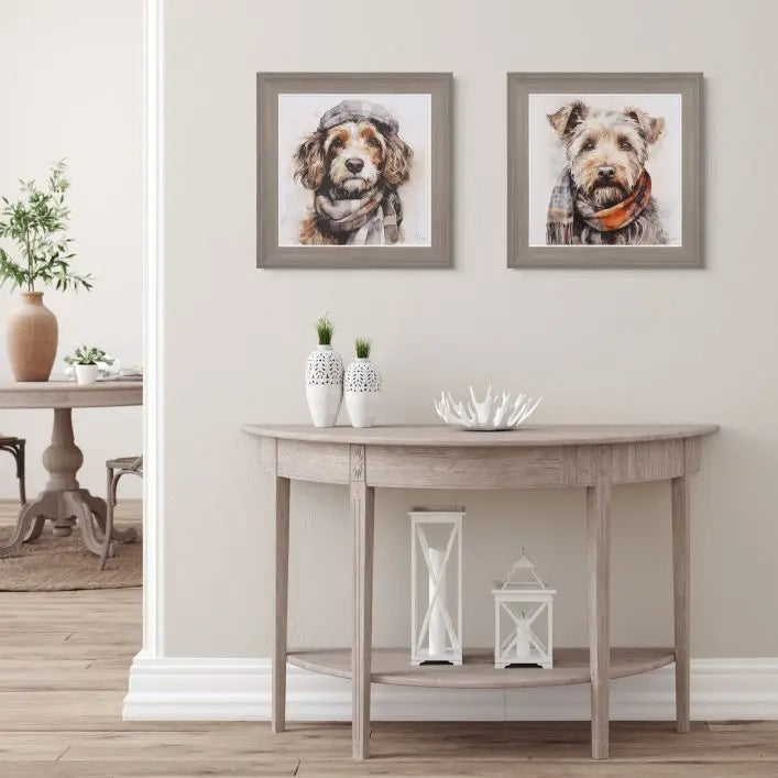 Gallery Direct Archie Framed Canvas illustration of a dog with cap and scarf by artist Joanne Lea, painted in neutral browns and greys and complemented by a soft grey wood effect square frame