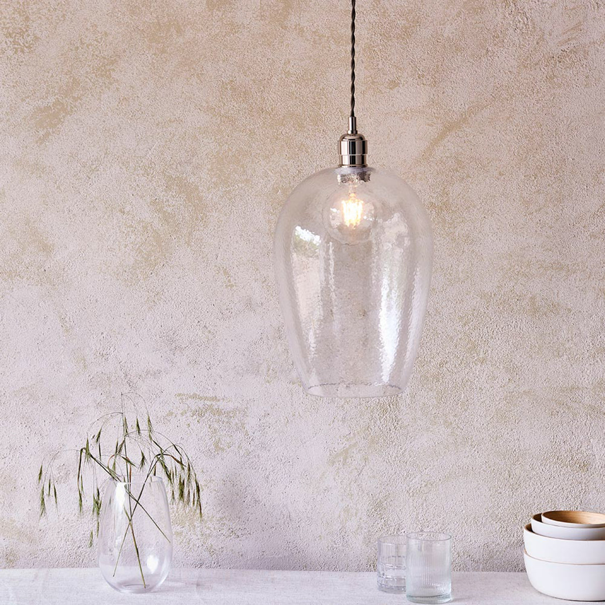 Gallery Direct Arlo 1 Large Pendant Light Bright Nickel, styled in a room setting