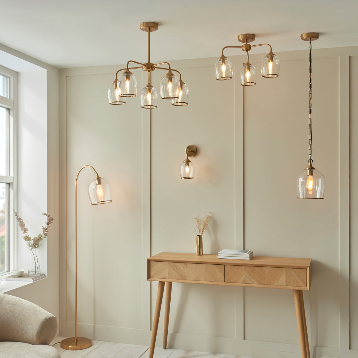 Gallery Direct Ashcroft Ceiling 3 Light Brushed Aged Brass, styled in a room setting