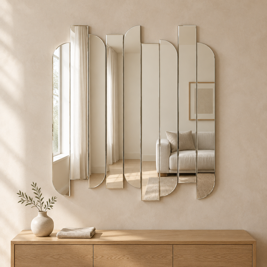 Gallery Direct Astorga Mirror above an oak console in a neutral interior