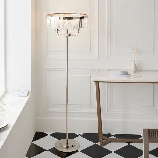 Gallery Direct Astraea Floor Lamp Bright Nickel, styled in a room setting