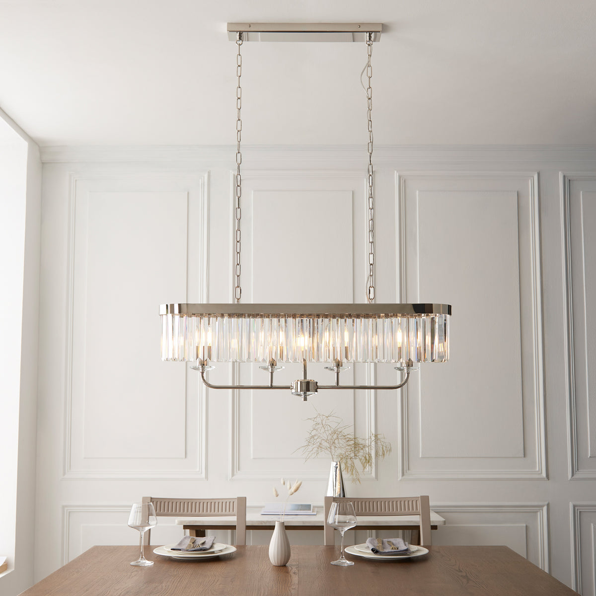 Gallery Direct Astraea Linear Pendant Light Bright Nickel, styled in a room setting