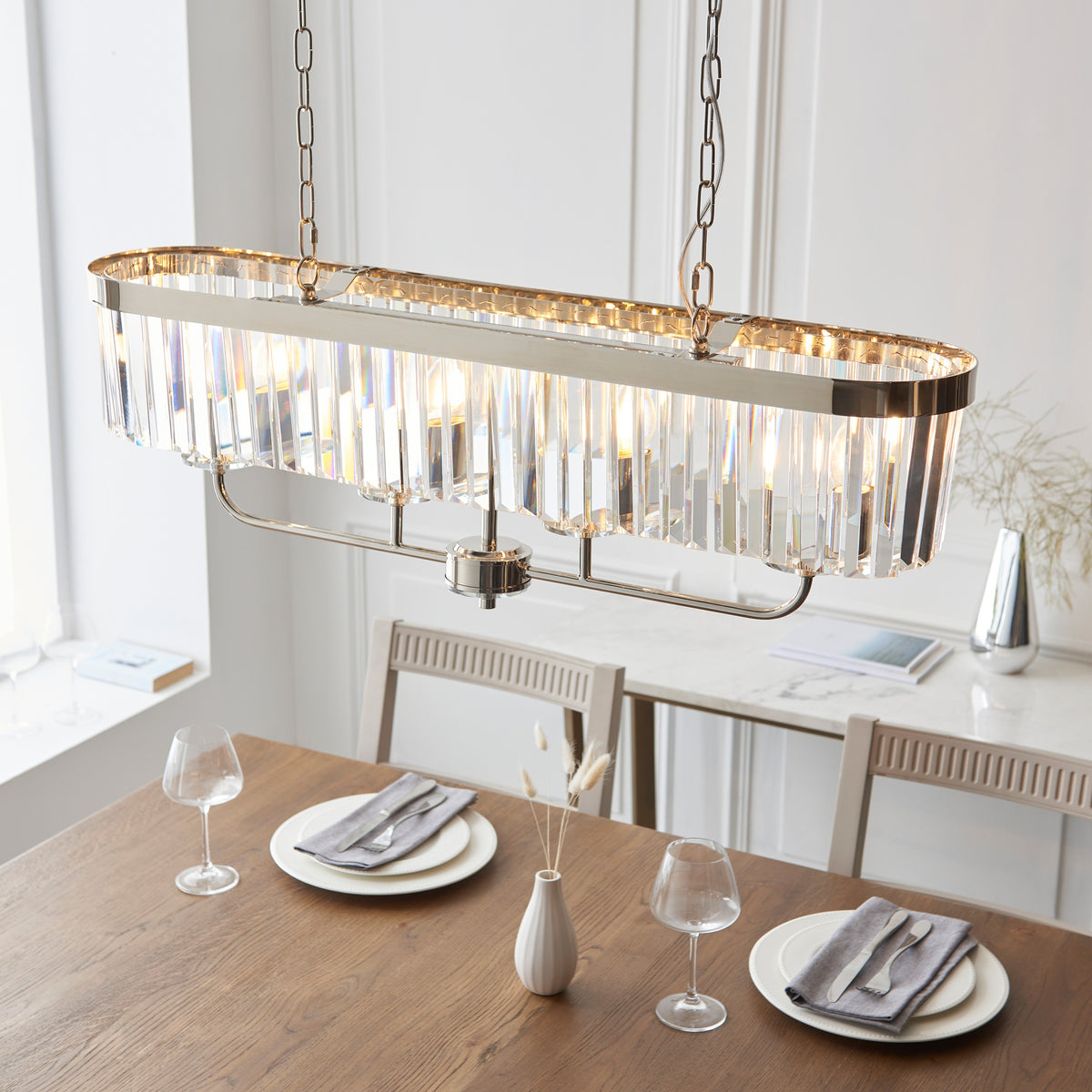 Gallery Direct Astraea Linear Pendant Light Bright Nickel, styled in a room setting