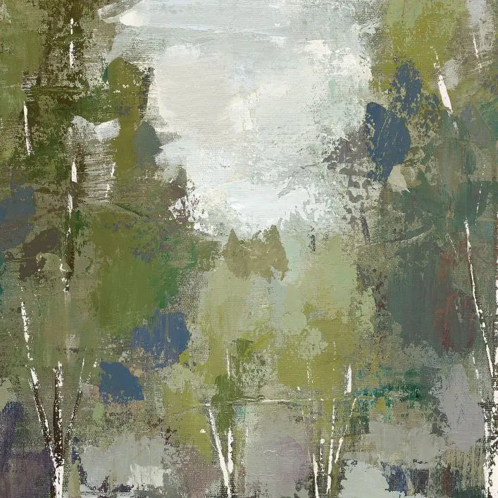 Gallery Direct At Dawn Framed Canvas captures a woodland scene with greens, blues and greys to create atmospheric depth, by artist Silvia Vasileva