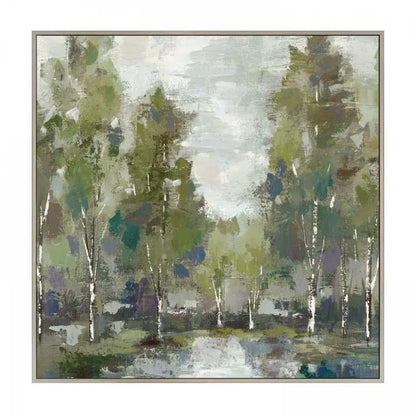 Gallery Direct At Dawn Framed Canvas by Silvia Vasileva is a tranquil composition of serene woodland in greens, greys and browns with a soft grey wood frame