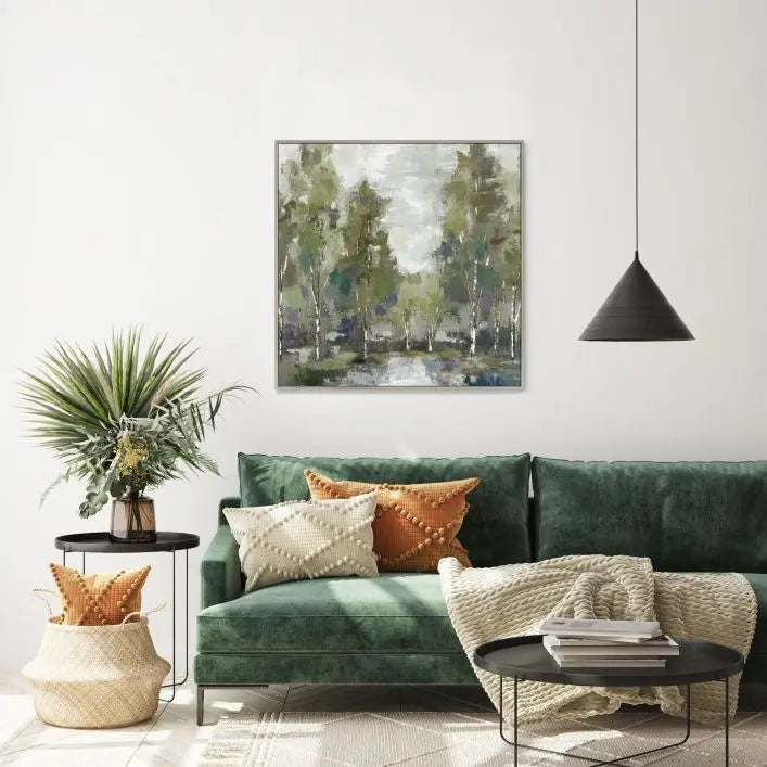 Gallery Direct At Dawn Framed Canvas by Silvia Vasileva is an evocative woodland composition using a tranquil palette of greens and blues, with a soft grey wooden frame 