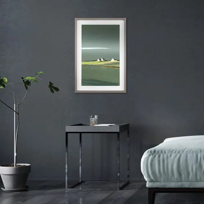 Aura Framed Art by Ulyana Hammond from Gallery Direct is a coastal landscape painting of whitewashed cottages and seagulls and is enhanced by a soft grey wood effect frame