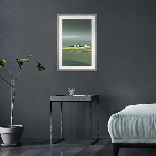 Aura Framed Art by Ulyana Hammond from Gallery Direct is a coastal landscape painting of whitewashed cottages and seagulls and is enhanced by a soft grey wood effect frame