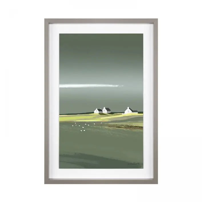 Gallery Direct Aura Framed Artwork by artist Ulyana Hammond captures a coastal scene of whitewashed cottages and seagulls with grey and green muted tones, complemented by a grey wood effect frame