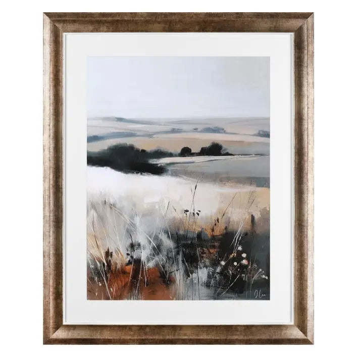 Gallery Direct Autumnal Aura Framed Artwork by Joanne Lea captures a countryside autumnal view in rich orange and charcoal colours with a mottled bronze effect frame
