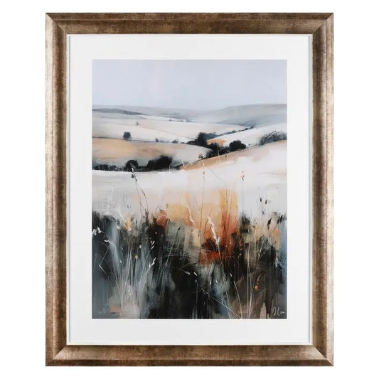 Gallery Direct Autumnal Blaze Framed Artwork by artist Joanne Lea captures the countryside on an autumnal day and is complemented by a mottled bronze effect frame