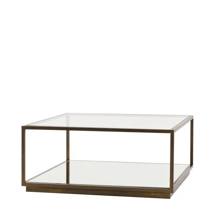 Gallery Direct Avento Coffee Table with glass table top, mirrored lower shelf and a bronzed metal frame