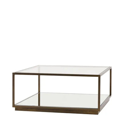 Gallery Direct Avento Coffee Table with glass table top, mirrored lower shelf and a bronzed metal frame