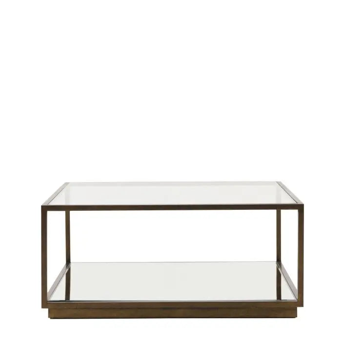 Gallery Direct Avento Coffee Table features a sophisticated bronze metal frame, a pristine glass table top and a mirrored lower shelf