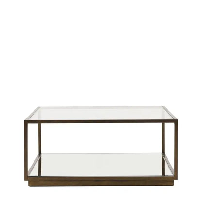 Gallery Direct Avento Coffee Table features a sophisticated bronze metal frame, a pristine glass table top and a mirrored lower shelf
