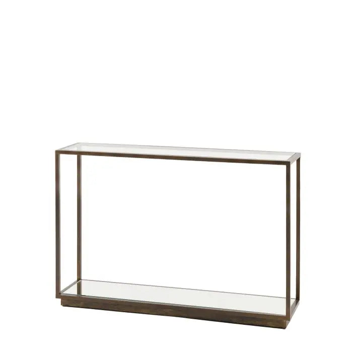Gallery Direct Avento Console Table constructed from a bronzed metal frame with glass table top and lower mirrored shelf