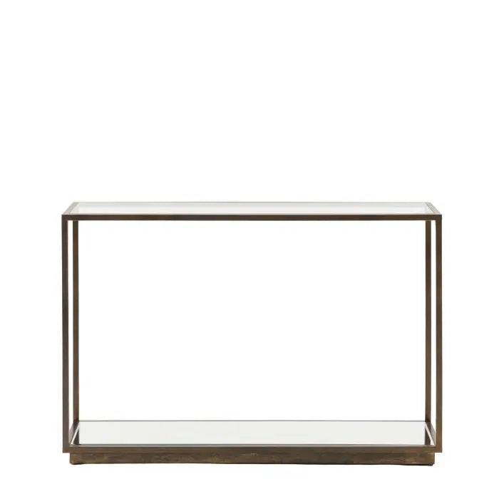 Gallery Direct Avento Console Table features a bronzed metal frame with a glass table top and a lower mirrored shelf