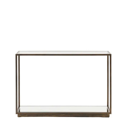 Gallery Direct Avento Console Table features a bronzed metal frame with a glass table top and a lower mirrored shelf