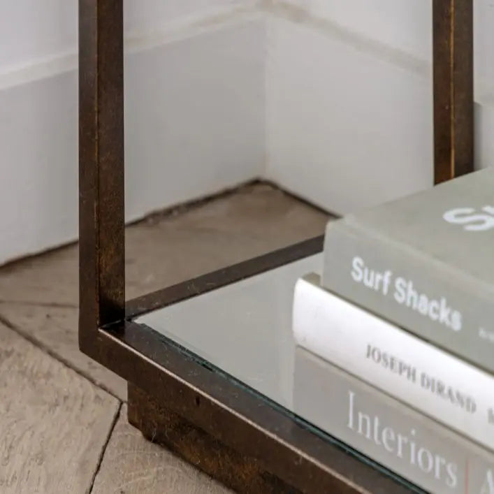 Gallery Direct Avento Console Table features a striking bronzed metal frame with a lower mirrored shelf