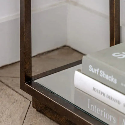 Gallery Direct Avento Console Table features a striking bronzed metal frame with a lower mirrored shelf