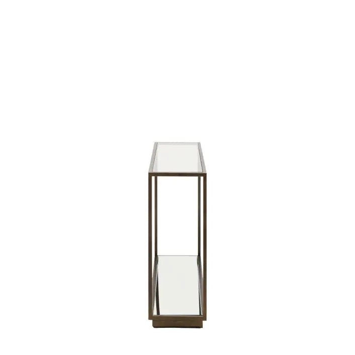 Gallery Direct Avento Console Table features a glass table top and a lower mirrored shelf set within a bronzed metal frame