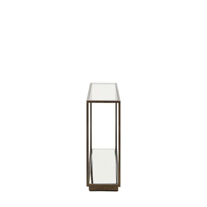 Gallery Direct Avento Console Table features a glass table top and a lower mirrored shelf set within a bronzed metal frame