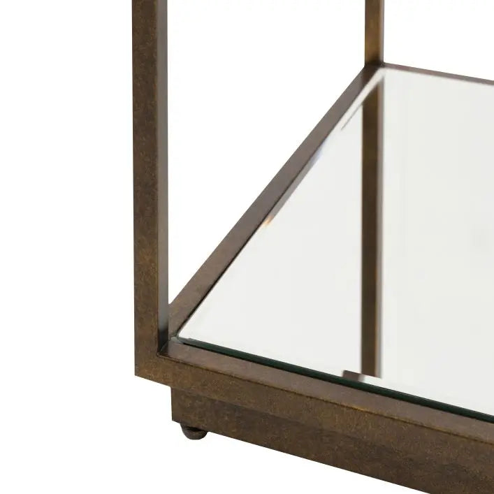 Gallery Direct Avento Side Table features a bronze metal frame with glass top and lower shelf