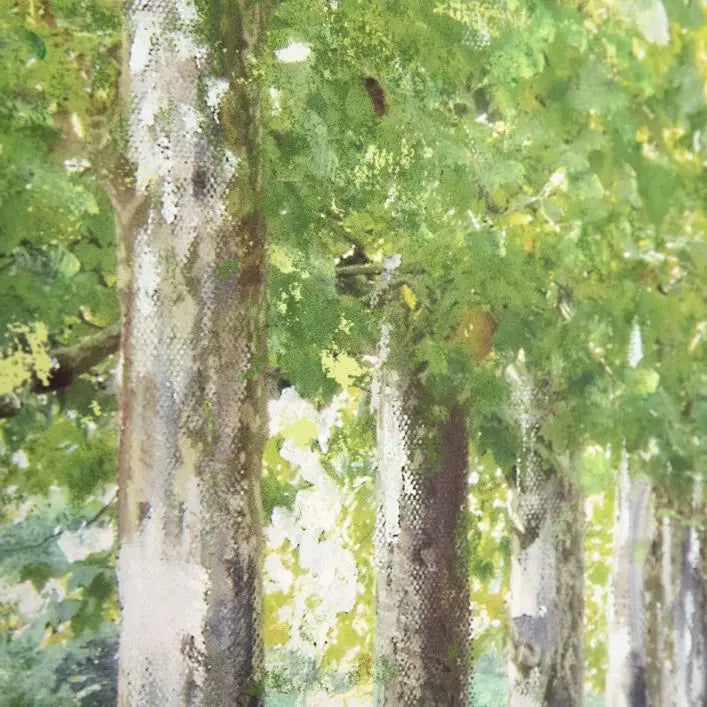 Gallery Direct Avenue of Trees Framed Canvas in a colour palette of greens, greys and browns in a warm sunny atmosphere by artist Anthony Waller